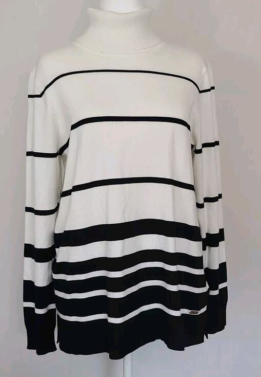 Calvin Klein Sweaters - Calvin Klein Womens Med Striped Turtleneck Long Sleeve Tunic Sweater White Black